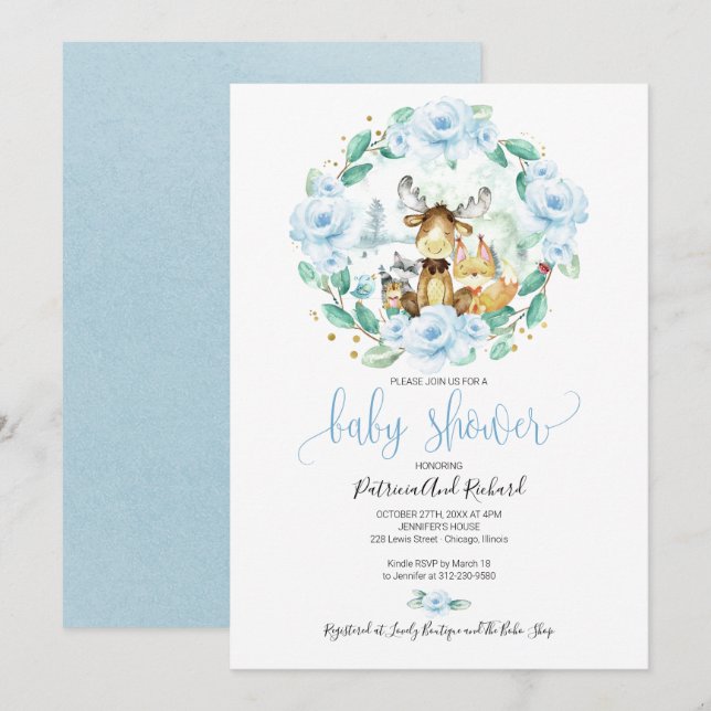 Invitación Cute Woodland Animals Floral Greenery Baby Shower (Anverso / Reverso)