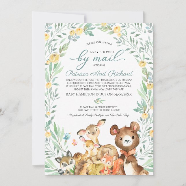 Invitación Cute Woodland Animals Greeneration Baby Shower Por (Anverso)