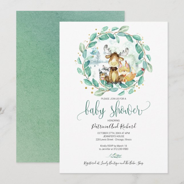 Invitación Cute Woodland Animals Greenery Baby Shower (Anverso / Reverso)