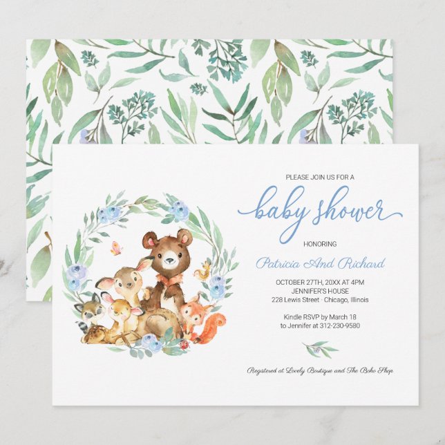 Invitación Cute Woodland Animals Greenery Baby Shower (Anverso / Reverso)