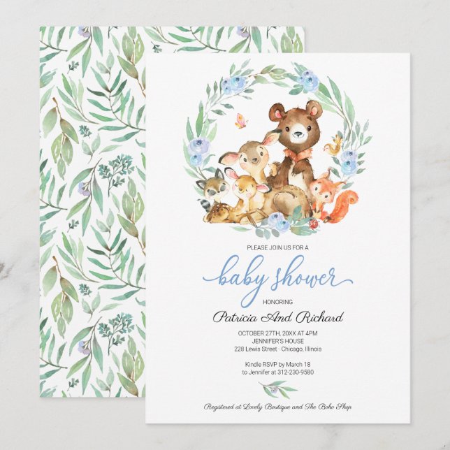 Invitación Cute Woodland Animals Greenery Baby Shower (Anverso / Reverso)