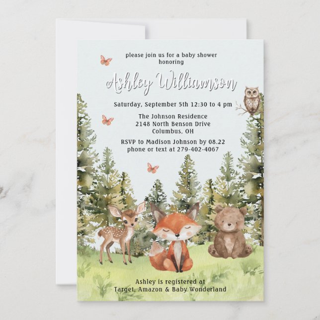 Invitación Cute Woodland Animals Greenery Baby Shower (Anverso)
