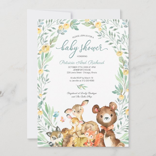 Invitación Cute Woodland Animals Greenery Baby Shower (Anverso)