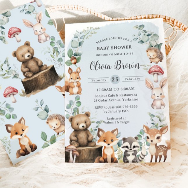 Invitación Cute Woodland Animals Greenery Blue Baby Shower (Subido por el creador)