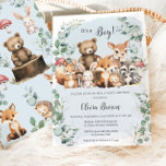 Invitación Cute Woodland Animals Greenery Boy Baby Shower<br><div class="desc">Personalice esta bonita invitación de Baby Shower de woodland fácil y rápidamente. Simplemente haga clic en el botón personalizar para editar los textos,  cambiar las fuentes y los colores de las fuentes. Con adorables animales de bosque para bebés. Elementos coincidentes disponibles en el almacén. c) Somerset Fine Paperie</div>