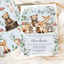 Invitación Cute Woodland Animals Greenery Boy Baby Shower