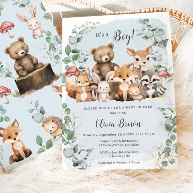 Invitación Cute Woodland Animals Greenery Boy Baby Shower (Subido por el creador)