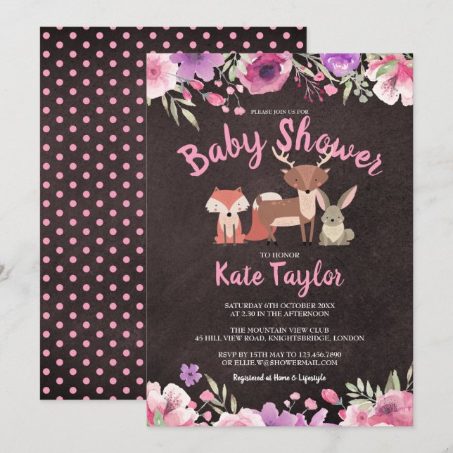 Invitación Cute Woodland Animals Pink Floral Baby Shower (Anverso / Reverso)