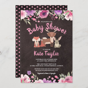Invitación Cute Woodland Animals Pink Floral Baby Shower