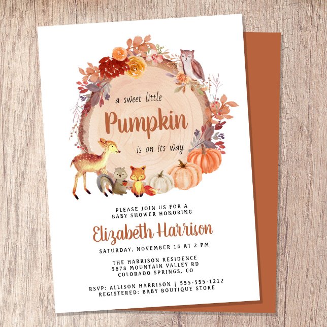 Invitación Cute Woodland Animals Pumpkin Baby Shower (Celebrate the upcoming arrival of your sweet little autumn baby with a pumpkin-themed baby shower)