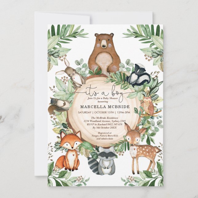 Invitación Cute Woodland Animals Rustic Greenery Baby Shower (Anverso)
