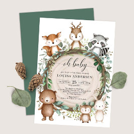 Invitación Cute Woodland Animals Rustic Greenery Baby Shower