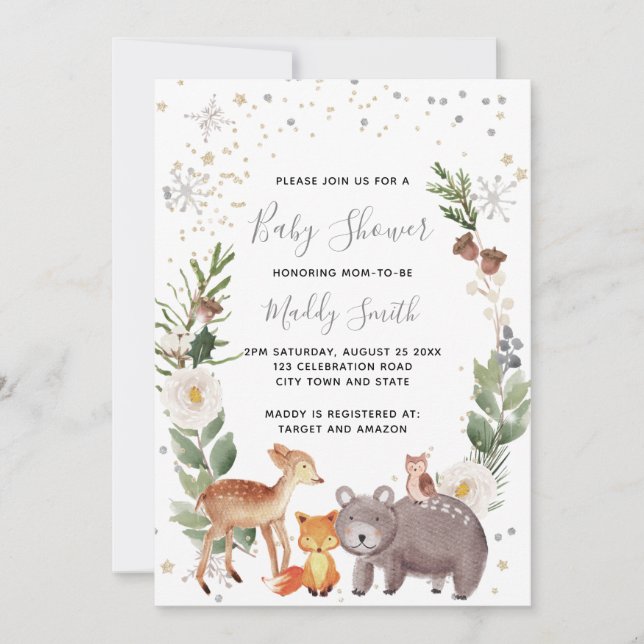 Invitación Cute Woodland Animals Winter Baby Shower (Anverso)