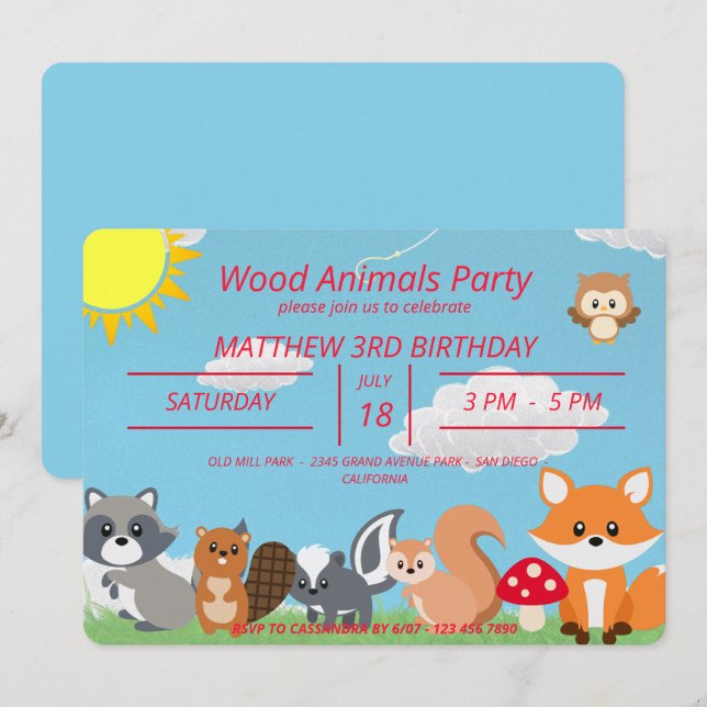 Invitación Cute Woodland Animals Yellow Sun (Anverso / Reverso)