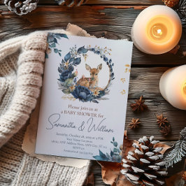 Invitación Cute Woodland Baby Deer Blue Floral Leaks