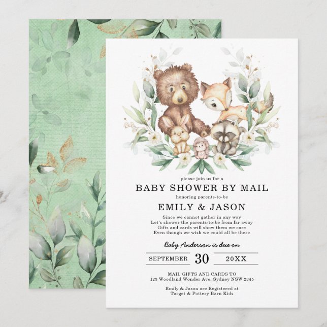 Invitación Cute Woodland Baby Shower Por Correo Greenery Gold (Anverso / Reverso)