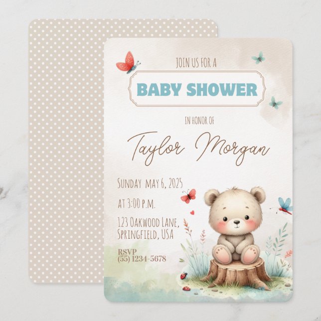 Invitación Cute Woodland Bear Baby Shower Invitation (Anverso / Reverso)