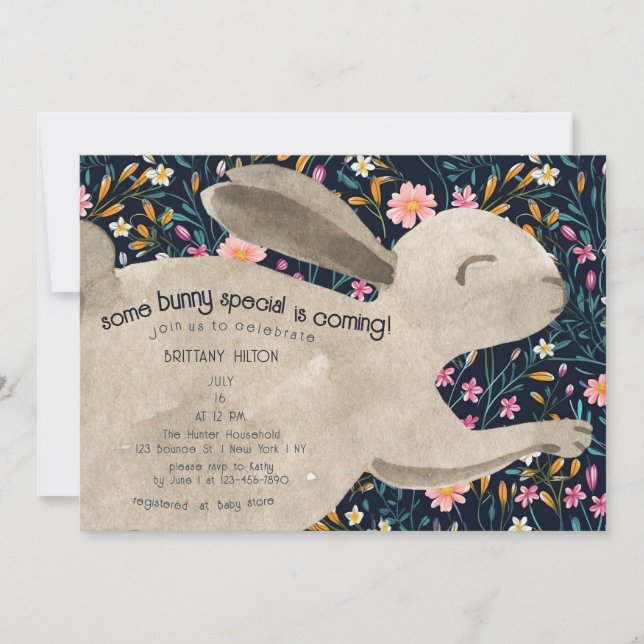 Invitación Cute Woodland Bunny Floral Baby Shower (Anverso)