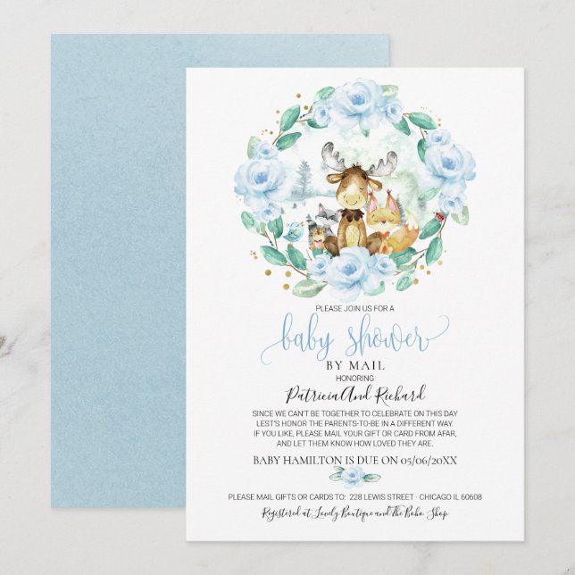Invitación Cute Woodland Floral Green Baby Shower Por Correo (Anverso / Reverso)