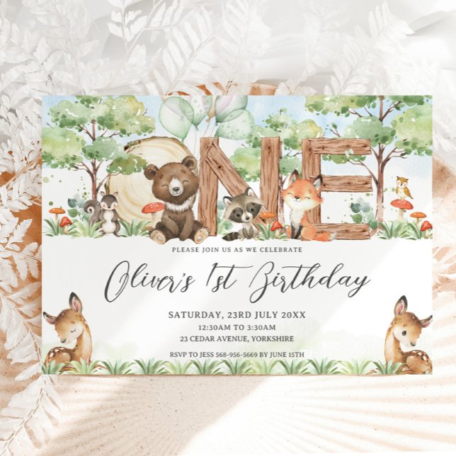 Invitación Cute Woodland Forest Animals Wood UN primer cumple (Subido por el creador)