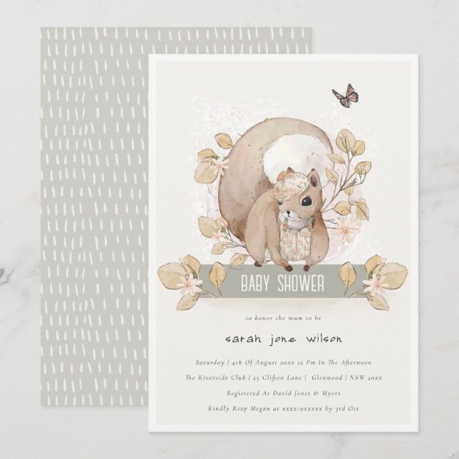 Invitación Cute Woodland Forest Floral Squirrel Baby Shower (Anverso / Reverso)