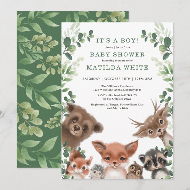 Invitación Cute Woodland Forest Greenery Animals Baby Shower (Anverso / Reverso)
