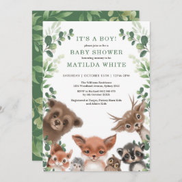 Invitación Cute Woodland Forest Greenery Animals Baby Shower