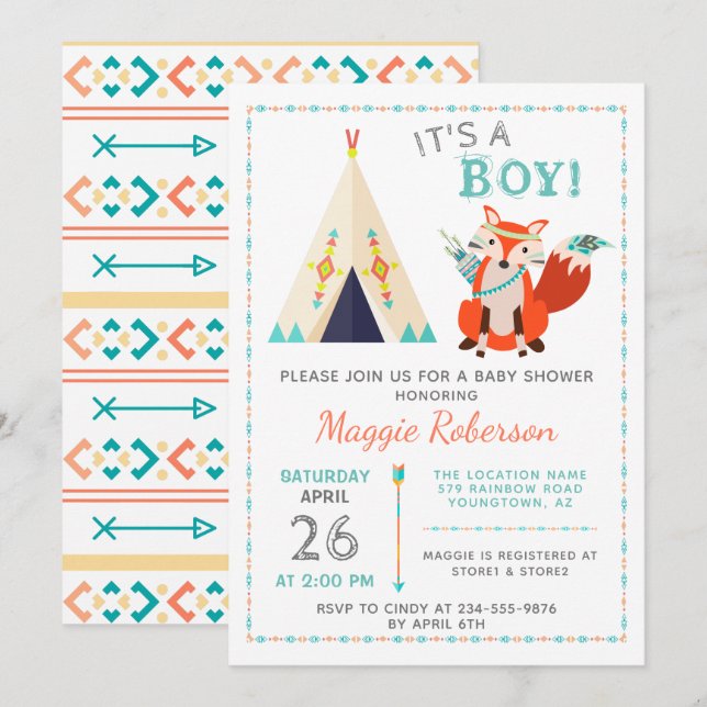 Invitación Cute Woodland Fox Boho Teepee Boy Baby Shower (Anverso / Reverso)