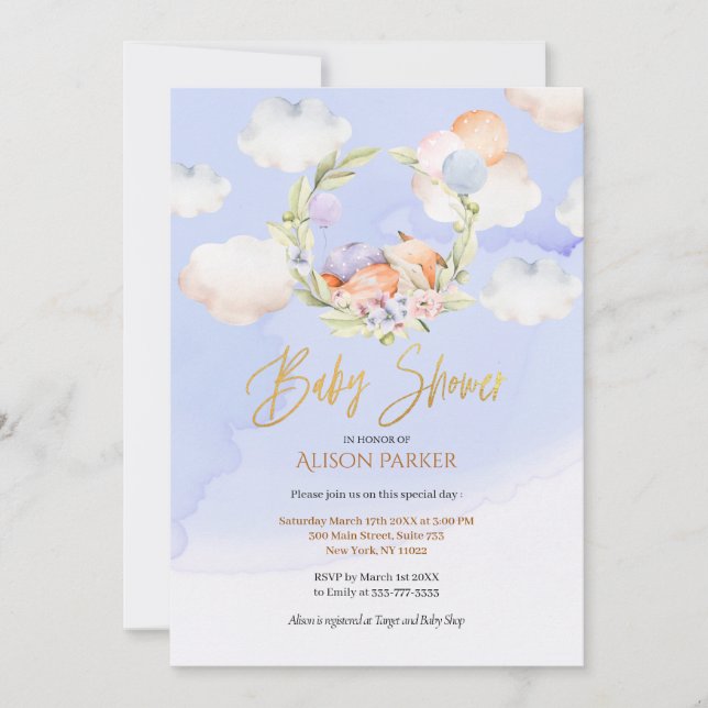 Invitación Cute Woodland Fox Floral Blue Sky Baby Shower (Anverso)