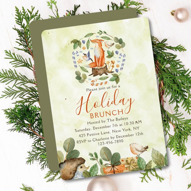 Invitación Cute Woodland Fox Holiday Brunch Rústico acuarela (Subido por el creador)