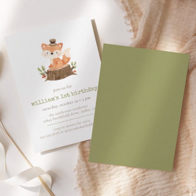 Invitación Cute Woodland Fox Sage Green Cumpleaños Minimalist (Subido por el creador)