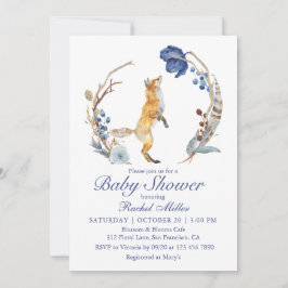 Invitación Cute Woodland Fox Watercolor Floral Baby Shower