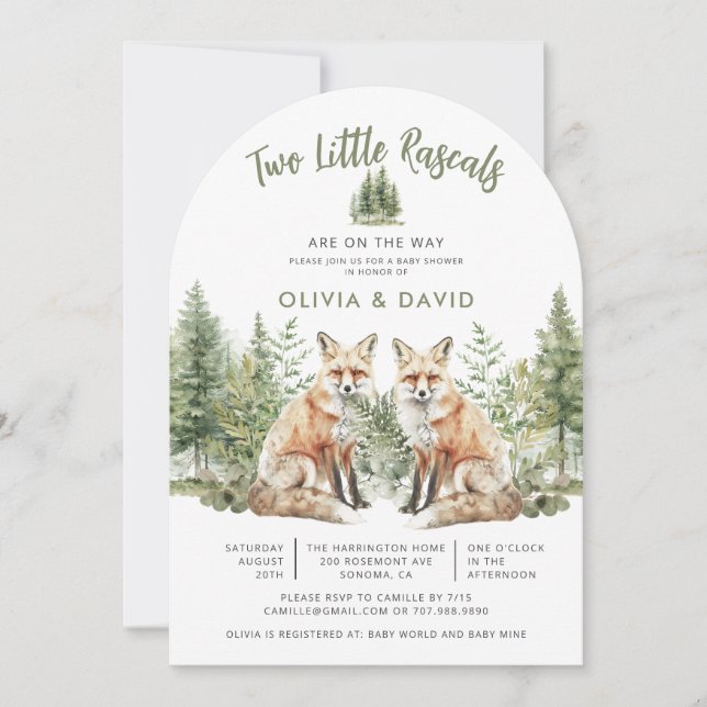 Invitación Cute Woodland Foxes Twins Baby Shower (Anverso)