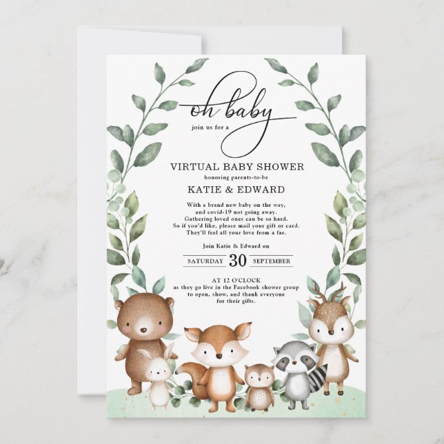 Invitación Cute Woodland Greenery Animals Virtual Baby Shower (Anverso)