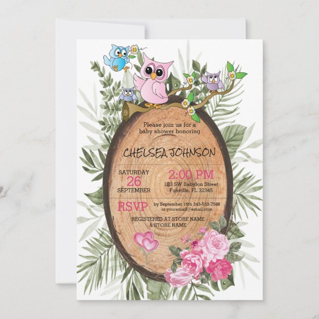 Invitación Cute Woodland Owls Baby Shower (Anverso)