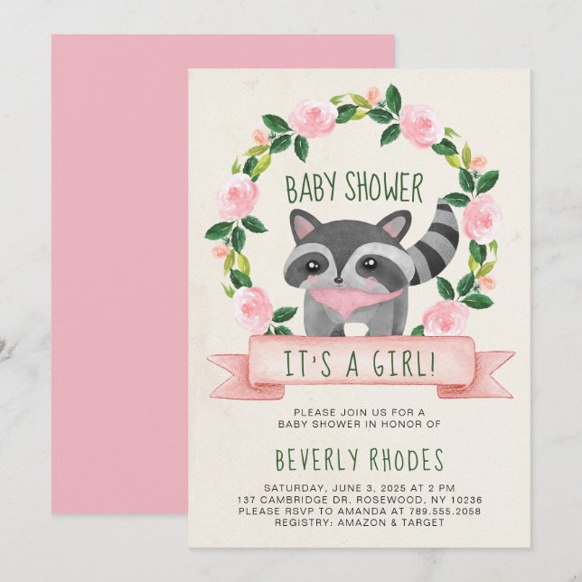 Invitación Cute Woodland Raccoon Baby Shower Es un Chica (Anverso / Reverso)