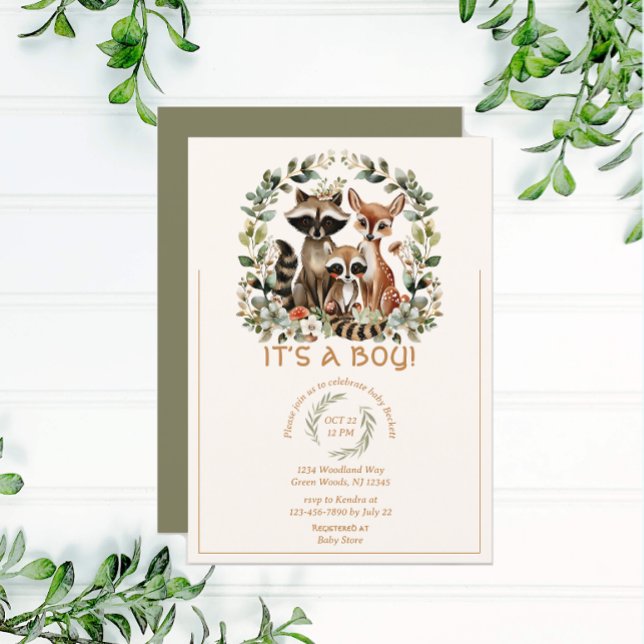 Invitación Cute Woodland Raccoon Forest Green Baby Shower (Subido por el creador)