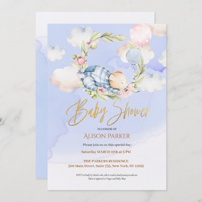 Invitación Cute Woodland Teddy Bear Boy Baby Shower (Anverso / Reverso)