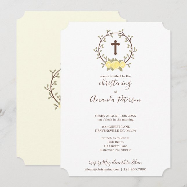 Invitación Cute Yello Floral cruz de correa baptismo Christen (Anverso / Reverso)