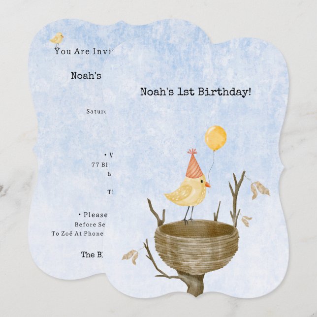 Invitación Cute Yellow Bird With Balloon Birthday Invitation (Anverso / Reverso)