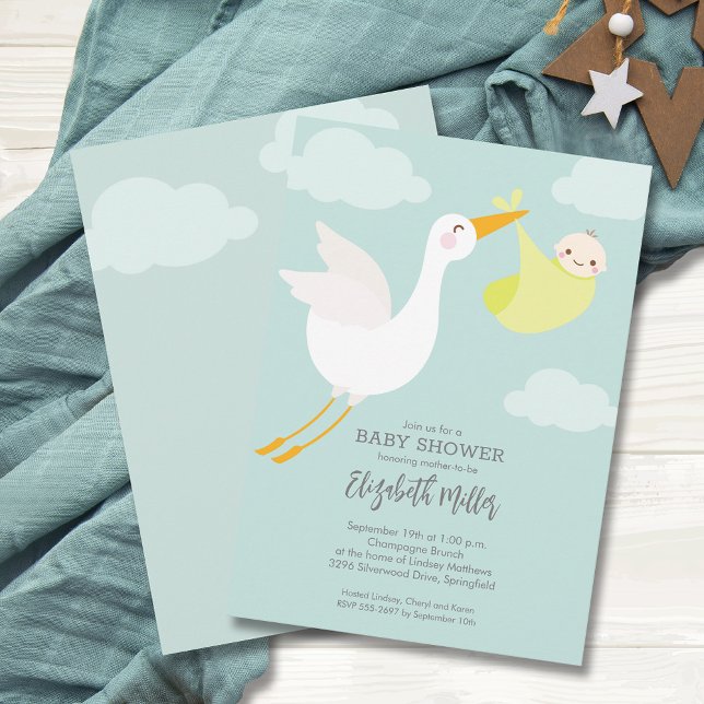 Invitación Cute Yellow Bundle Stork Baby Shower (Cute Yellow Bundle Stork Unisex Baby Shower Invitations, PRINTED and/or INSTANT DOWNLOAD)