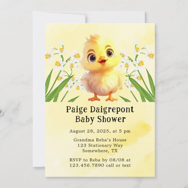 Invitación Cute Yellow Chicken Easter Baby Shower (Anverso)