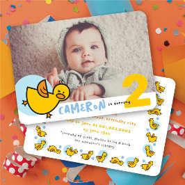 Invitación Cute Yellow Duckies Blue Photo Boy Party de cumple