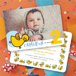 Invitación Cute Yellow Duckies Blue Photo Boy Party de cumple