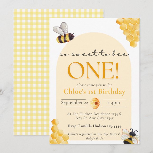 Invitación Cute Yellow Gingham Tan Dulce Cumpleaños 1st  (Anverso / Reverso)