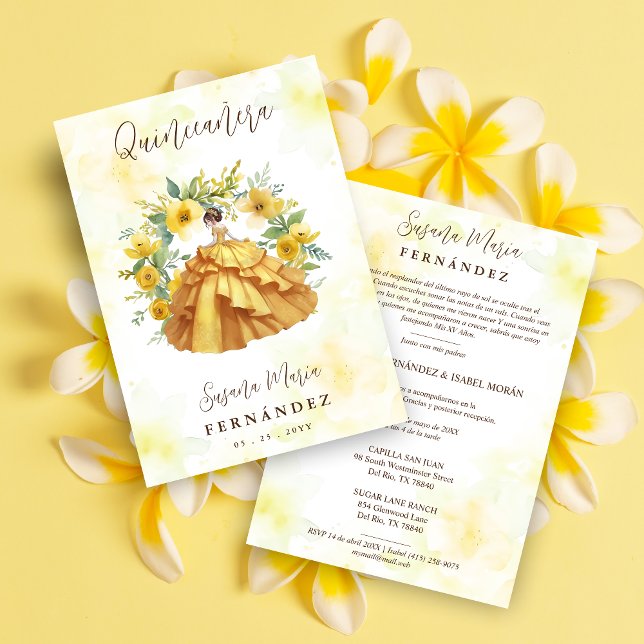Invitación Cute Yellow Gown Garland Spanish Photo Mis XV (Subido por el creador)