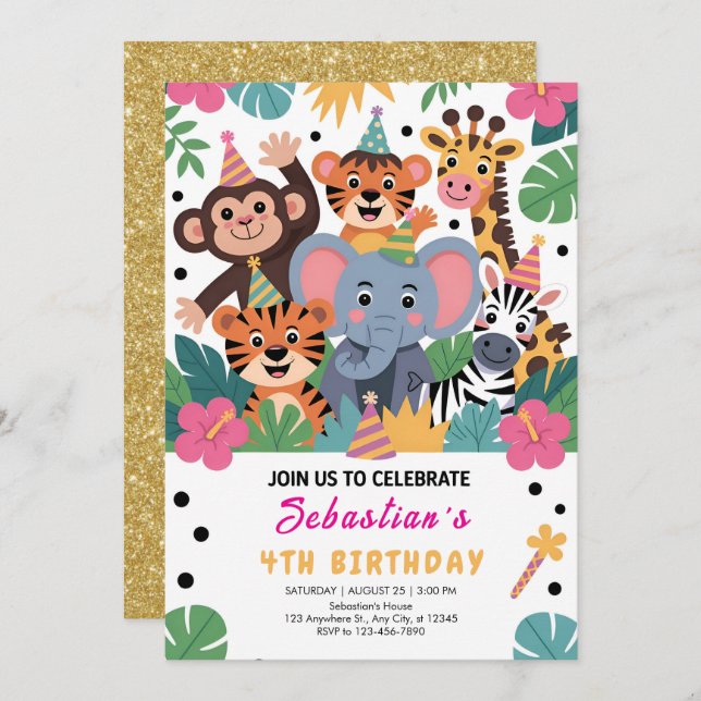 Invitación Cute Zoo Animal Kids Party (Anverso / Reverso)