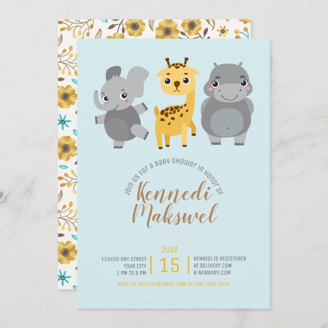 Invitación Cute Zoo Animals Baby Shower (Anverso / Reverso)
