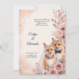 Invitación Cute Zorra Novia y Novio Rosa Floral Dorado