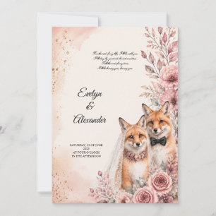 Invitación Cute Zorra Novia y Novio Rosa Floral Dorado